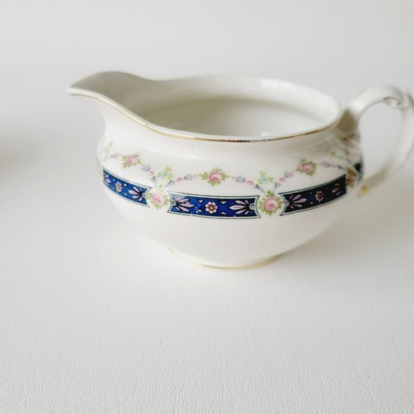 Rare Vintage Johnson Bro Sugar Bowl & Creamer, Blue Accent, Pink Floral, CRAZING - Picture 2 of 16